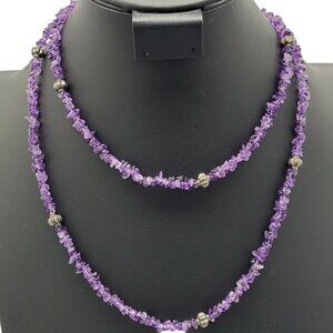 Long Amethyst Chip Infinity Necklace 40" Semi-Precious Stones Antiqued Silver
